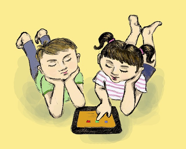 kreslený obrázek tabletu a dětí